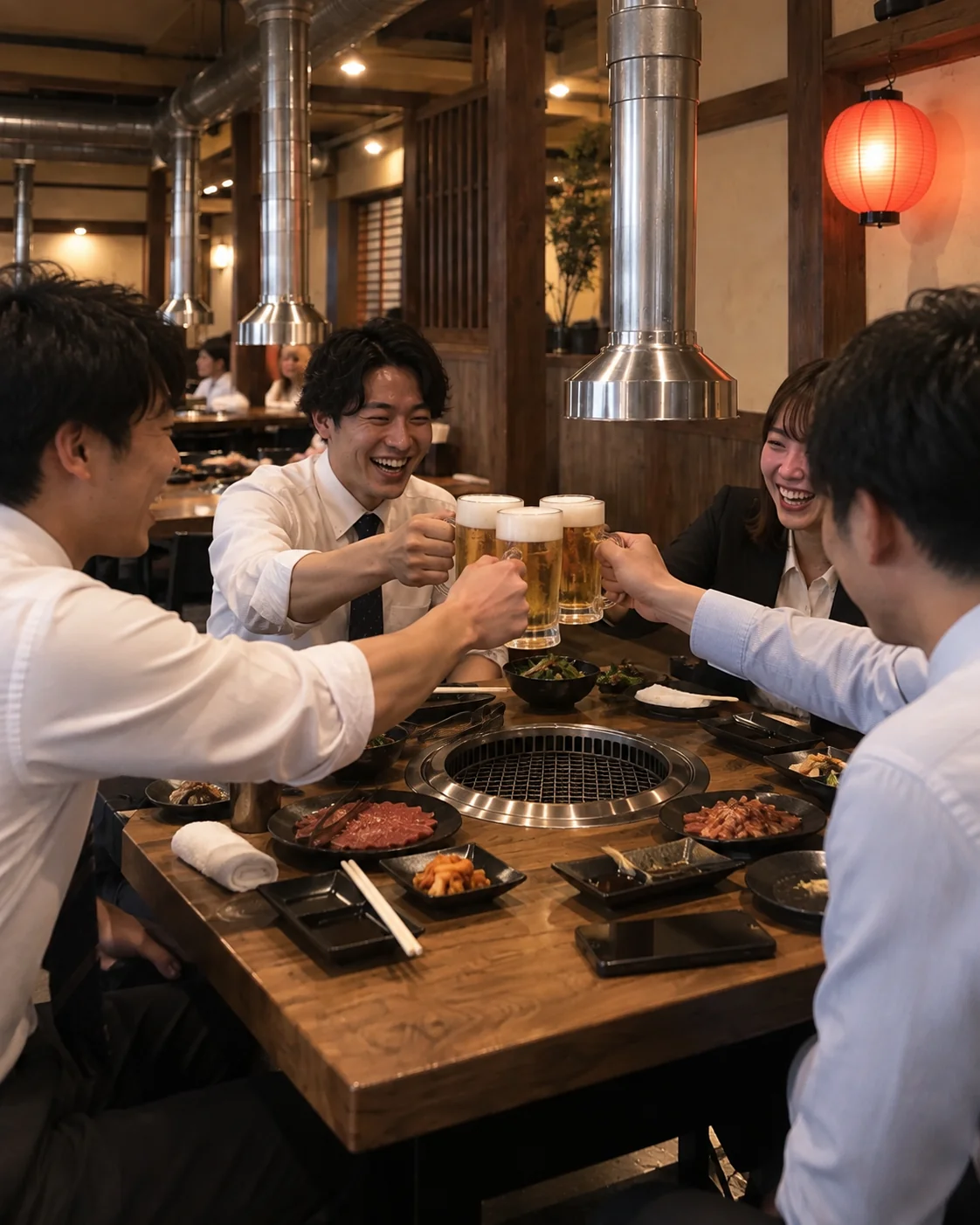 焼肉のテーブルを囲み、仕事帰りの仲間が笑顔で乾杯するイメージ